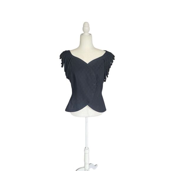 80s 90s vintage Linda segal black blouse with rope loop tassel sleeves - Picture 1 of 8
